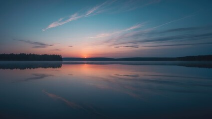 Fototapeta premium Evening serenity in a Russian landscape featuring a tranquil lake, soft sunset, and gentle clouds