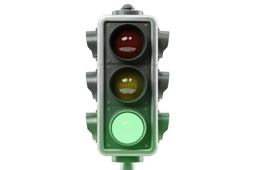 A detailed 3D render of a vintage traffic light with a green light against a transparent background, concept for road safety campaigns and transportation design
