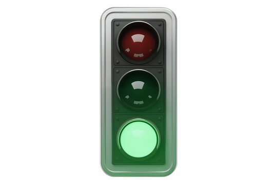 A detailed 3D render of a traffic light with red, amber, and green lights against transparent background, concept for transportation, road safety, and app interface design