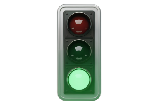 A detailed 3D render of a traffic light with red, amber, and green lights against transparent background, concept for transportation, road safety, and app interface design