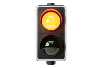A realistic 3D rendering of a traffic light showing yellow and green lights against a transparent background, concept for road safety illustrations and traffic management infographics