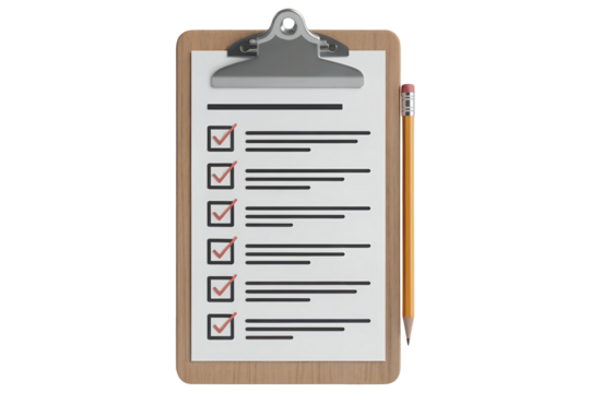 Wooden clipboard with checklist and pencil against transparent background, concept for project management, to-do list, business planning and workflow