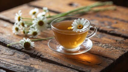 Relaxing cup of chamomile tea displayed on a natural wooden surface