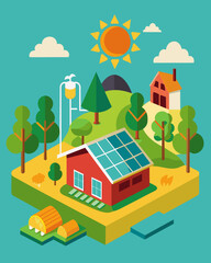 The farm was completely off the grid using only solarpowered equipment to power their operations and live sustainably.. Vector illustration