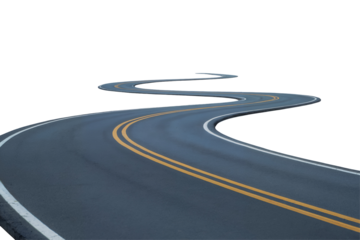 A winding asphalt road with double yellow lines and white edges against a transparent background, concept for travel, transportation, and road design
