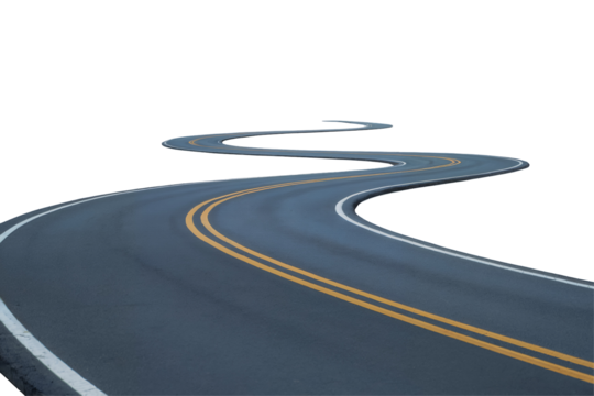 A winding asphalt road with double yellow lines and white edges against a transparent background, concept for travel, transportation, and road design