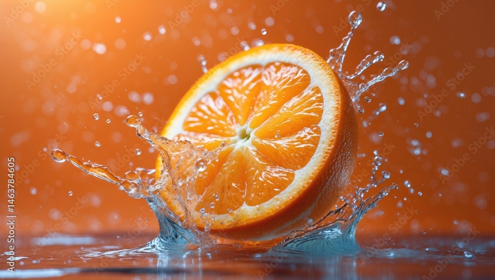 Poster cut orange segment landing on backdrop with juice splash and room for text