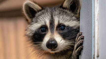 Obraz premium Close-up of Curious Raccoon Peering Around Corner with Expressive Eyes and Unique Facial Features in Natural Habitat