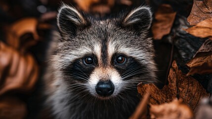 Obraz premium Close-up of a raccoon surrounded by autumn leaves in a natural setting, showcasing its curious expression and beautiful fur texture
