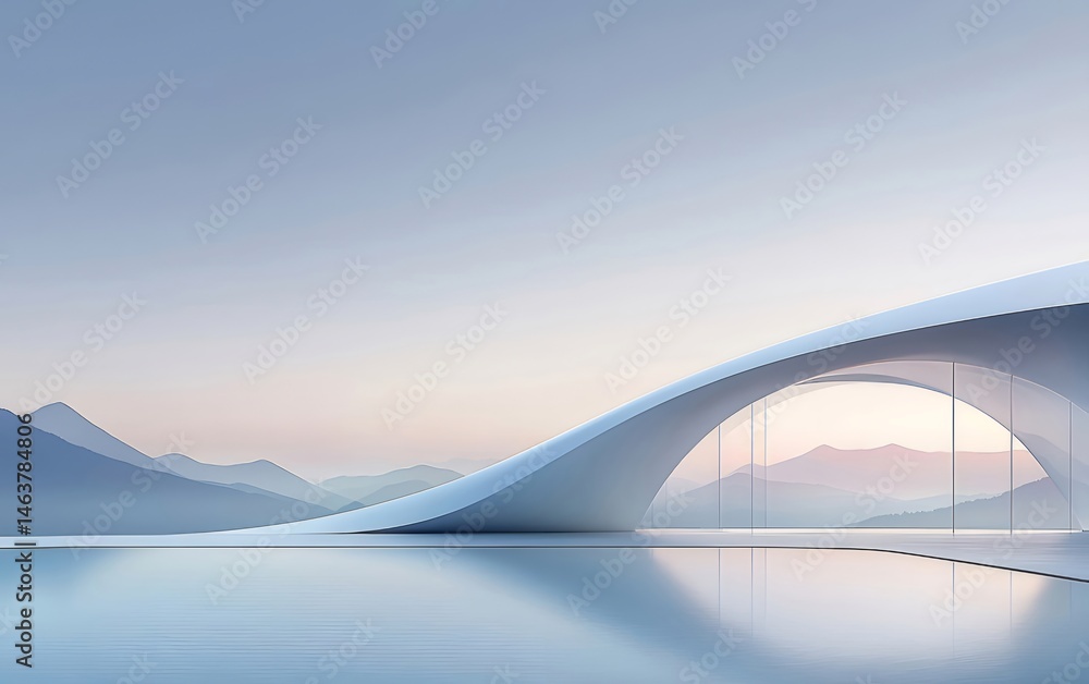 Aufkleber 未来的な建築と穏やかな湖のミニマリストデザイン、ソフトブルーの空を背景に、白い幾何学的な橋が水面に反射する静かな風景
