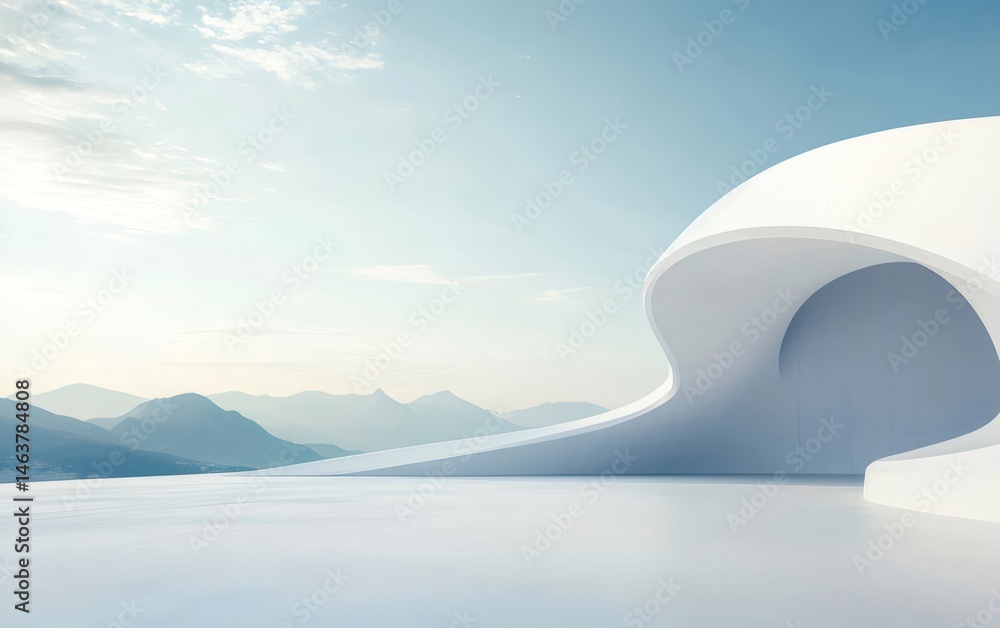 Poster 白い現代建築構造体の背景に青い空と山々が広がる革新的なデザイン