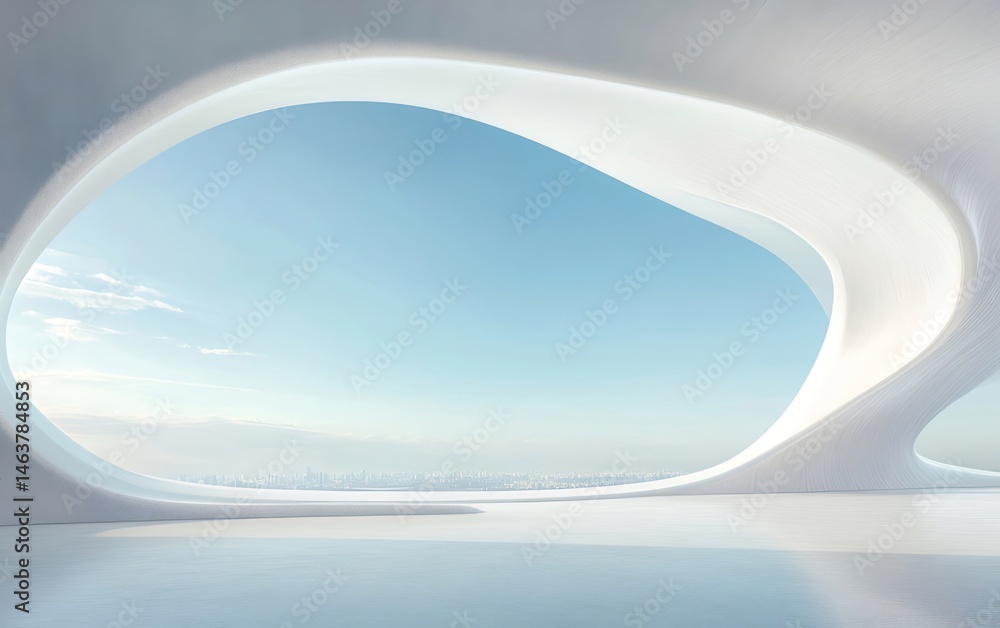 Poster 抽象的な白い建築と青空のパノラマ ビュー 未来的なデザインの建物構造とコンクリートの表面を持つモダンな都市のスカイライン