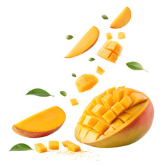 mango with mango slices falling in the air isolated on a white background png