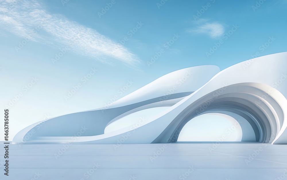 Poster 明るい青空の下の白い現代的な建築構造の抽象的な外観 デザインと未来的なスタイルのコンクリートの表面と幾何学的な形の装飾