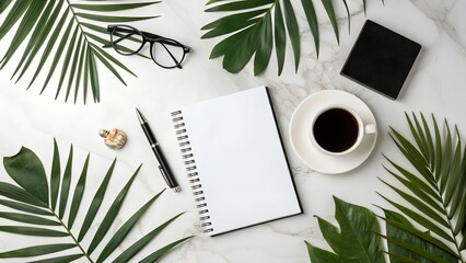 Creative Flat Lay Photography Elegant Office Desk with Natural Elements