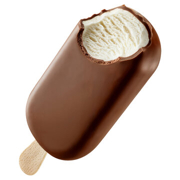 Chocolate-covered vanilla ice cream bar with a bite taken out, against transparent background: concept for food packaging design, dessert menu, or advertising campaign