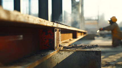 Construction Site with Worker and Steel Beams