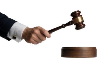 Close-up of a man's hand in a suit holding a judge's gavel about to strike a wooden block against transparent background, concept for law, justice, and auction