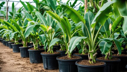 Green banana plant seeds and their development in a lush outdoor setting