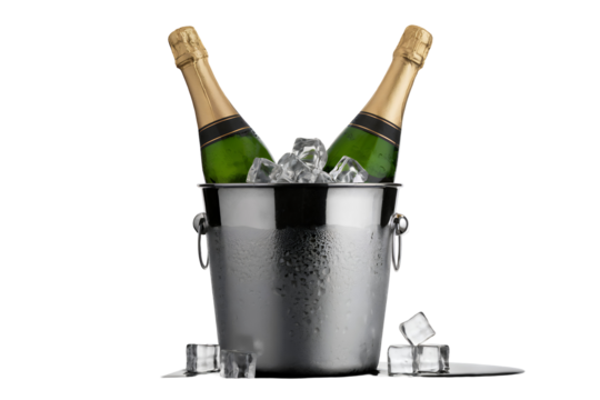 Two chilled champagne bottles in a silver ice bucket against transparent background, concept for luxury drinks advertisement