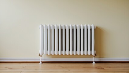 White electric convector mounted on the wall of a room with wooden floor and baseboard for warmth.
