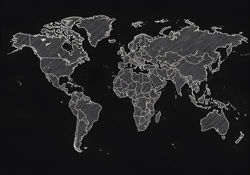Abstract World Map Illustration In White Lines On Black Background