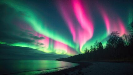 Vibrant green and pink aurora borealis illuminates the sky above a shoreline, contrasting with a dark forest silhouette.
