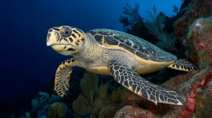Fototapeta premium Graceful Turtle Swimming Among Vibrant Coral Reefs in Clear Blue Underwater Environment, A True Ocean Gem