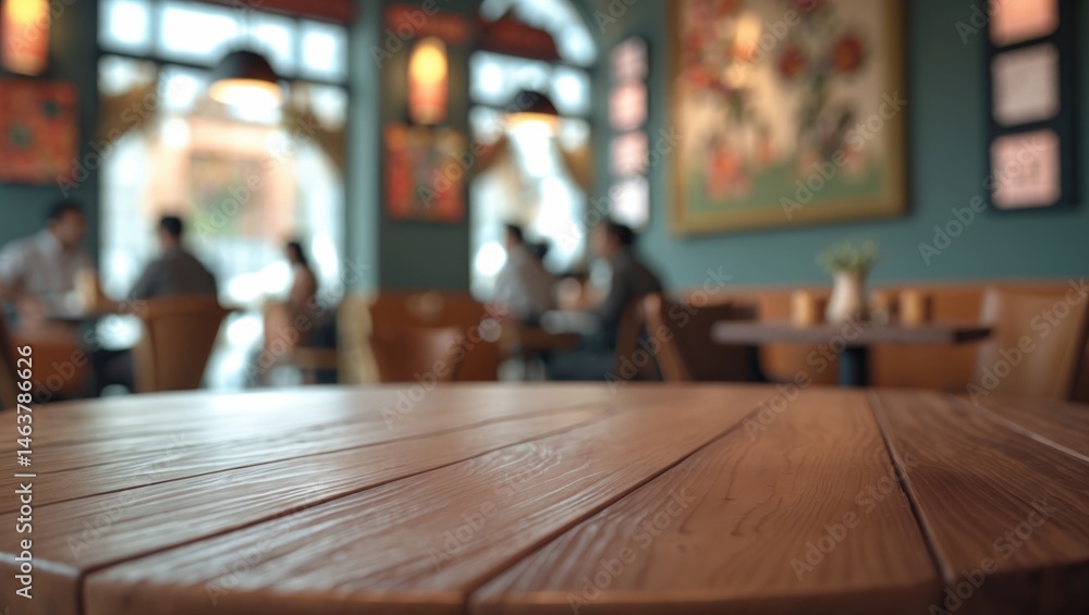 Poster perspective view of a wooden table corner with a blurred background in a restaurant setting
