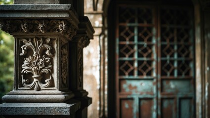 Ornamental stone carving adorns historic metal gate