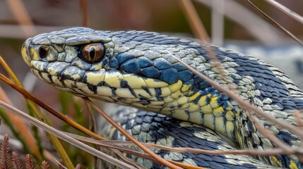 Fototapeta premium Close-up of a Colorful Snake Blending into Natural Habitat with Intricate Scales and Piercing Eyes in a Lush Environment