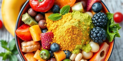 Vibrant fruit & veggie bowl overflowing with nutrient-rich superfood powder, healthy lifestyle, fruits