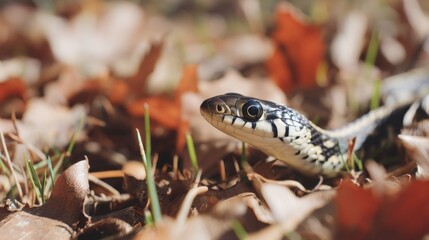 Obraz premium Close-Up View of Snake Among Autumn Leaves with Bright Eyes and Unique Patterns in Natural Habitat