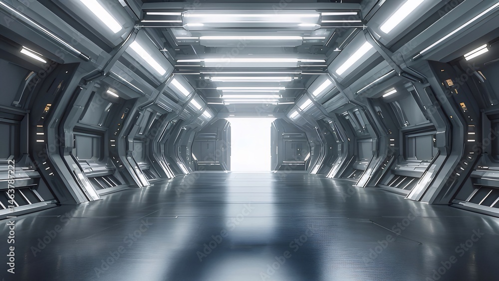 Poster 反射床を持つ未来的な金属製宇宙船のトンネルの内部 光沢のある銀色の壁と明るい白色照明を備えたサイエンスフィクション建築の廊下