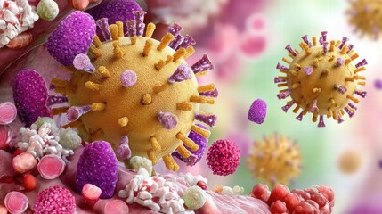 Colorful 3D Representation of Virus Cells Under Microscope View