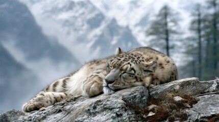Fototapeta premium Peaceful snow leopard resting on a rock with majestic mountain backdrop in serene natural habitat showcasing its beauty