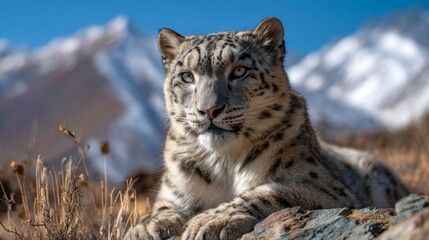 Fototapeta premium Majestic snow leopard resting on rocky terrain with stunning mountain backdrop under clear blue sky