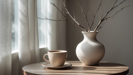 Creative ceramic vase with dry branches and a cappuccino cup on a round table
