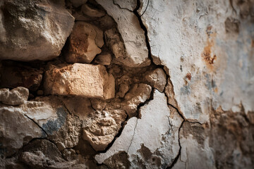 Fototapeta premium Close-up view of a crumbling stone and brick wall with deep cracks.