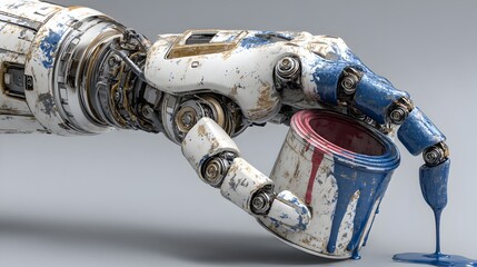 A weathered robotic hand meticulously holds a paint can dripping vibrant blue and red paint against a neutral gray background.