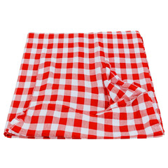 A folded red and white checkered picnic blanket is displayed, perfect for outdoor activities. Its vibrant pattern adds charm to any picnic setting, inviting relaxation and enjoyment.