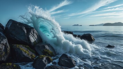 Powerful ocean waves hitting the rocks with splash