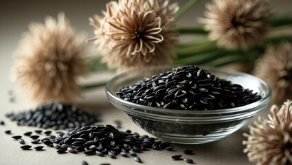 Dried chives flowers with seed collection in a garden, organic and herbaceous