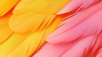 Naklejka premium Vibrant Feather Canvas: Close-up view of a cluster of vibrant yellow and pink feathers, layered intricately to create a visually striking composition, a testament to nature's artistry. 