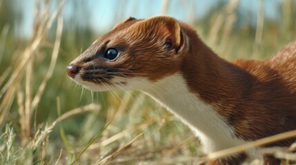 Close-Up of a Wild Weasel in Natural Habitat Surrounded by Green Grass Under Bright Blue Sky with Soft Focus Background