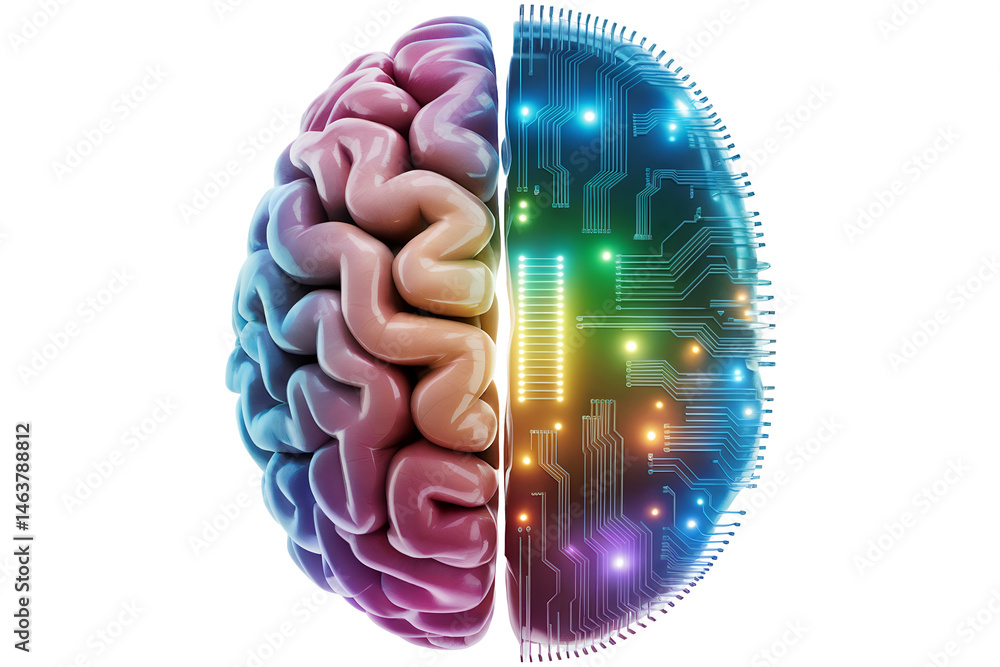Poster 3d rendering of a human brain split in half, one side showing a realistic brain structure, the other