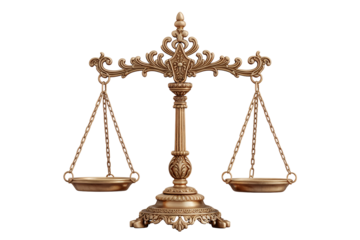 Ornate golden scales of justice with intricate details against transparent background, concept for law firm branding and legal justice