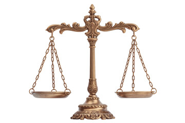 Ornate golden scales of justice with intricate details and hanging pans against transparent background, concept for law, justice, balance, and legal themes