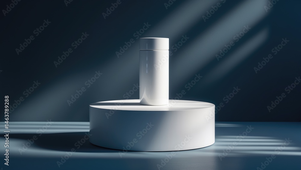 Poster front view of an empty white circular stand with shadows on a dark background, ideal for cosmetic di