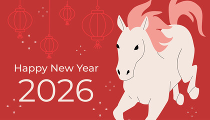 Cream horse with pink mane runs on red background, surrounded by hanging lanterns, white confetti and New Year text. Clean flat style, celebrating Chinese New Year 2026. Vector illustration
